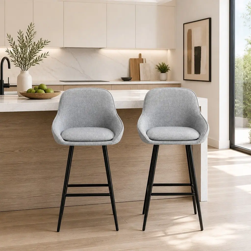 Bar Stools Upholstered Padded Seat Curved Backrest Metal Legs Grey Set of 2