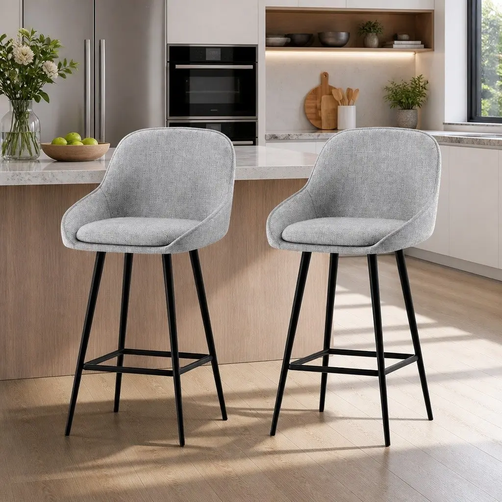 Bar Stools Upholstered Padded Seat Curved Backrest Metal Legs Grey Set of 2