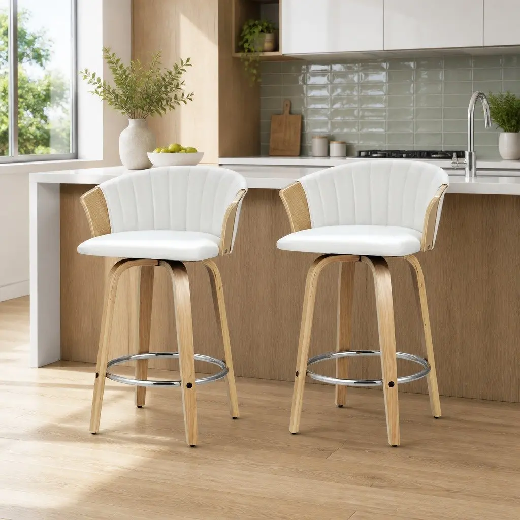 Bar Stools Swivel Adjustable Height White Leather Padded Seat