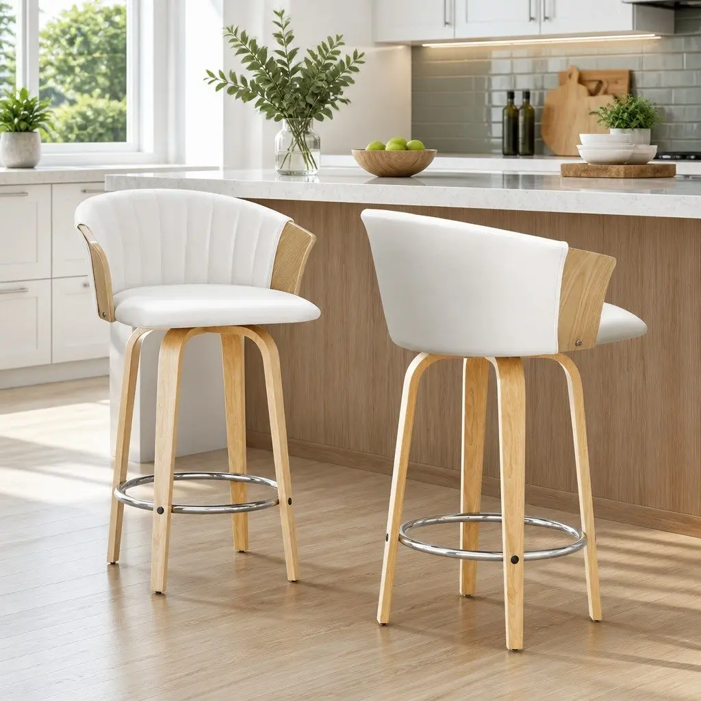 Bar Stools Swivel Adjustable Height White Leather Padded Seat