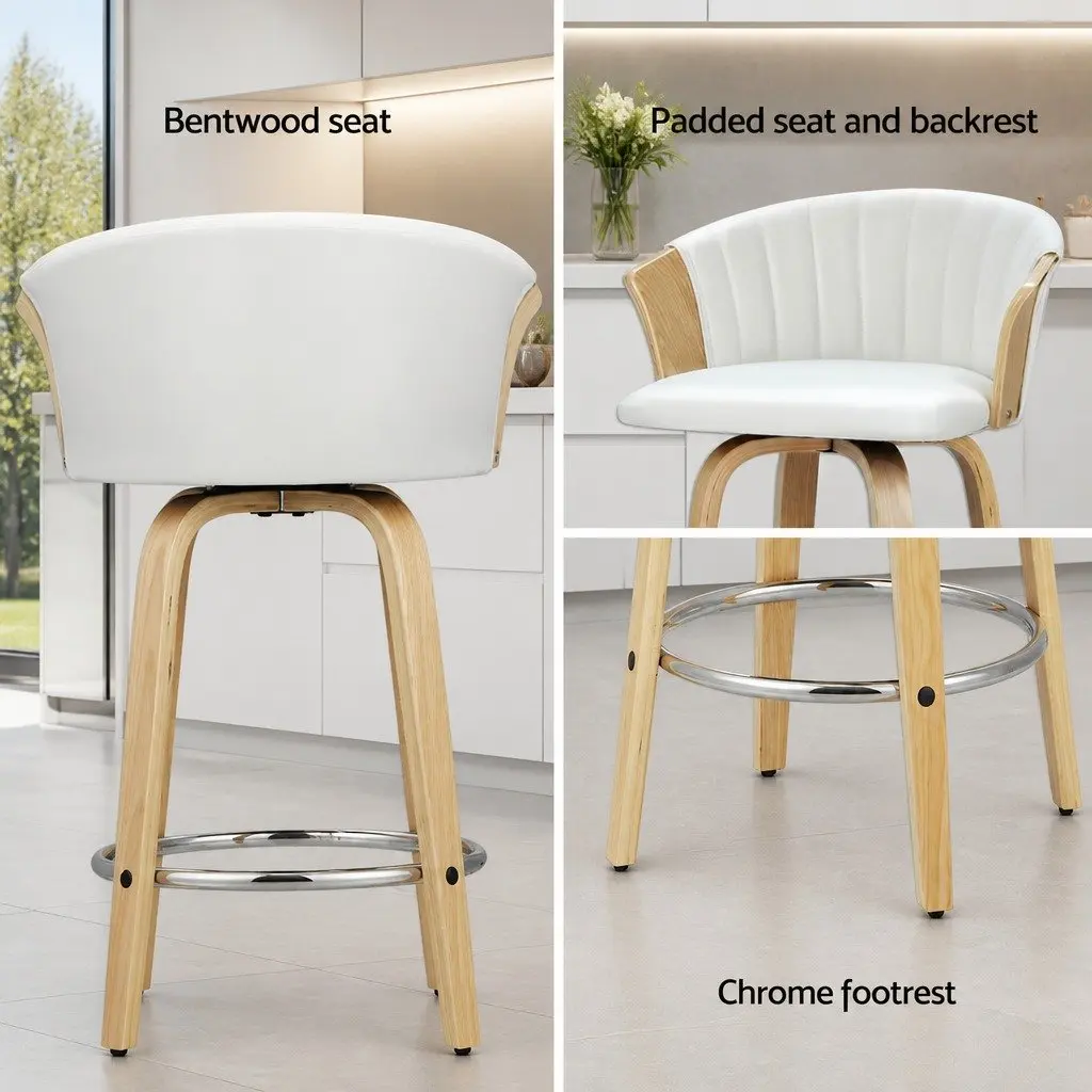 Bar Stools Swivel Adjustable Height White Leather Padded Seat
