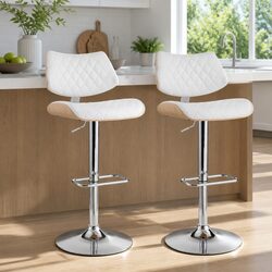 Bar Stools White Padded Seat Gas Lift Swivel Kitchen Dining Chairs Set of 2