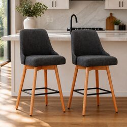Bar Stools Swivel Seat Wooden Charcoal Set of 2 Padded Backrest Kitchen Dining