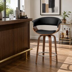 Bar Stools Swivel PU Seat Wooden Frame Black Padded Armrest Chrome Footrest