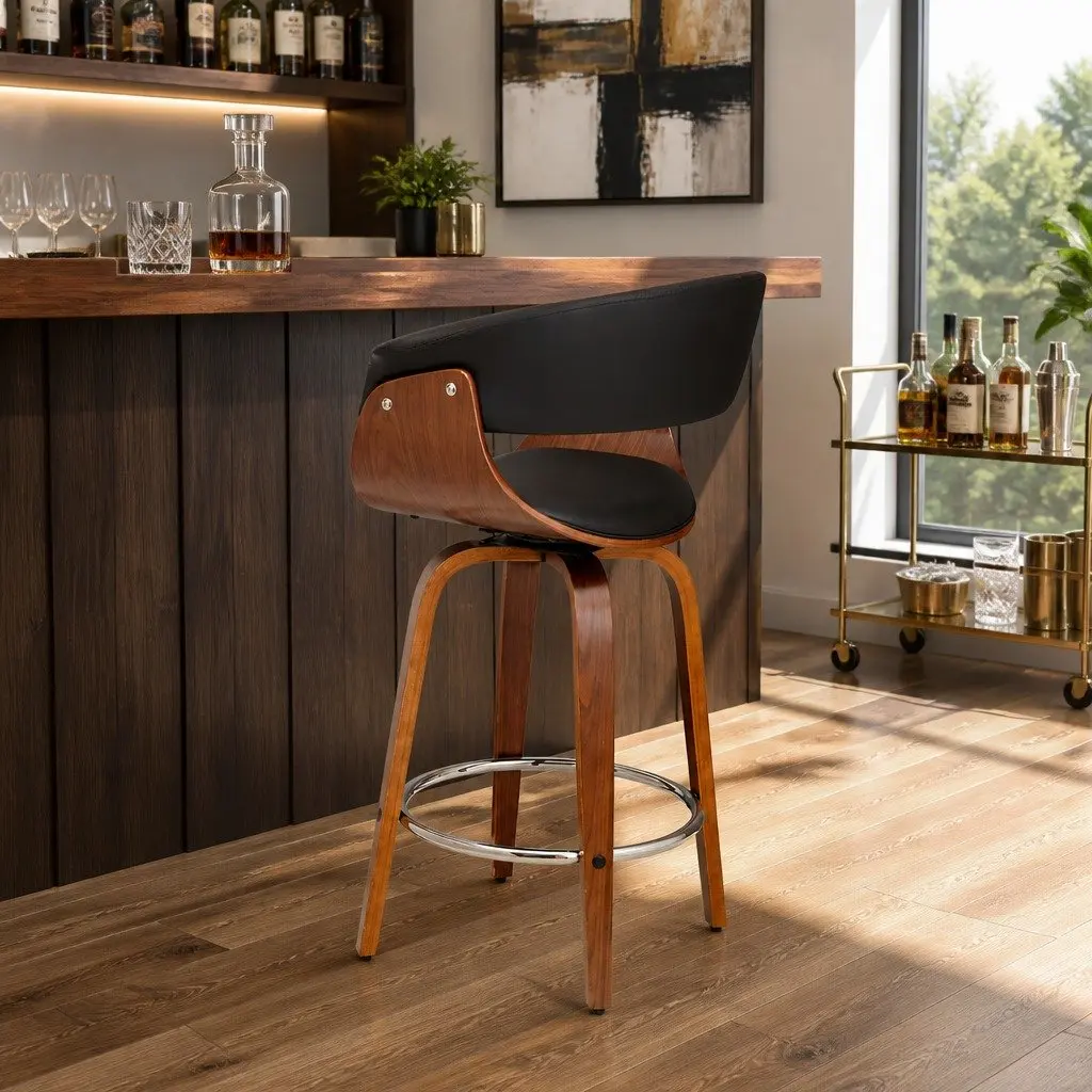 Bar Stools Swivel PU Seat Wooden Frame Black Padded Armrest Chrome Footrest