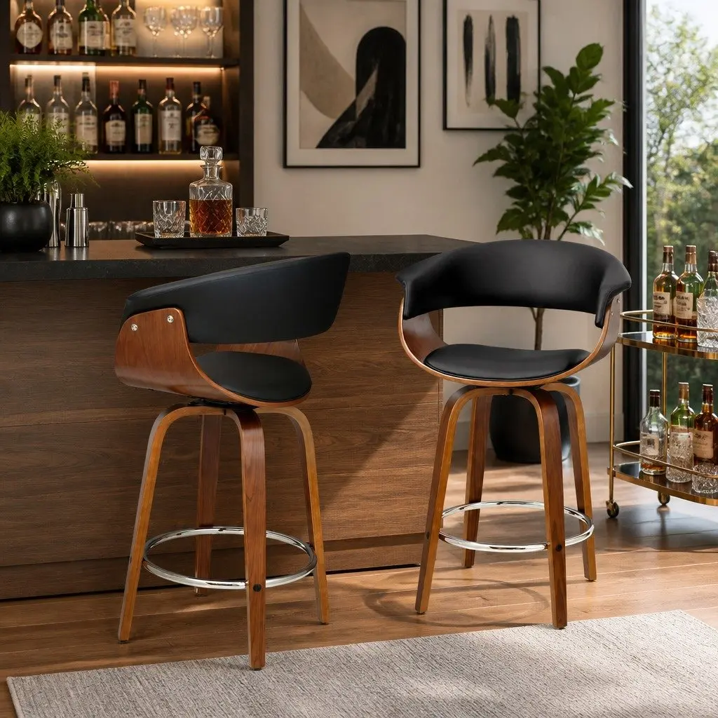 Bar Stools Swivel PU Seat Wooden Frame Black Padded Armrest Chrome Footrest