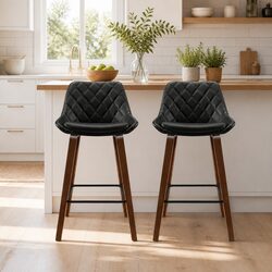 Bar Stools Set of 2 PU Leather Seat Wooden Legs Black Kitchen Dining Chair