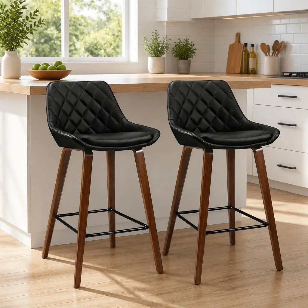 Bar Stools PU Leather Seat Wooden Legs 68cm Black