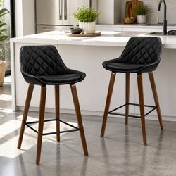 Bar Stools Set of 4 PU Leather Seat Wooden Legs Black Kitchen Counter Height