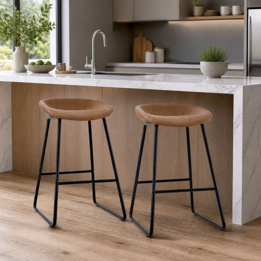 Bar Stools Set of 2 PU Leather Footrest Brown 76cm Height