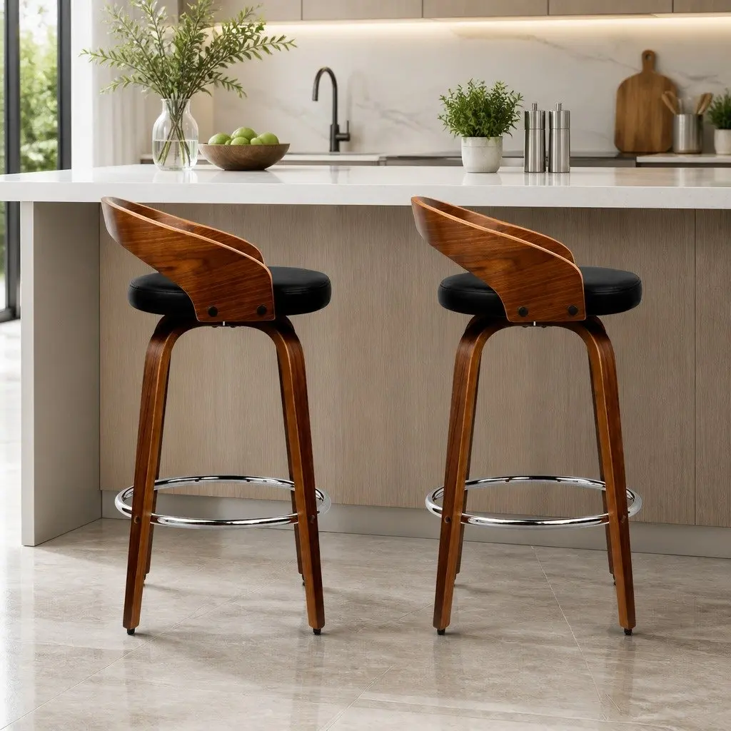 Bar Stools Swivel Seat Curved Backrest Walnut Wood Black PU Leather