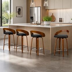 Bar Stools Set of 4 Swivel Seat Curved Backrest Black PU Leather Wooden