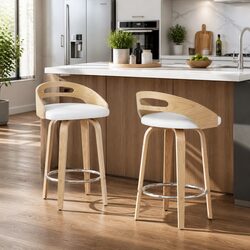 Bar Stools Swivel Dining Chairs Low Back Counter Seat PU Cushion White Set of 2