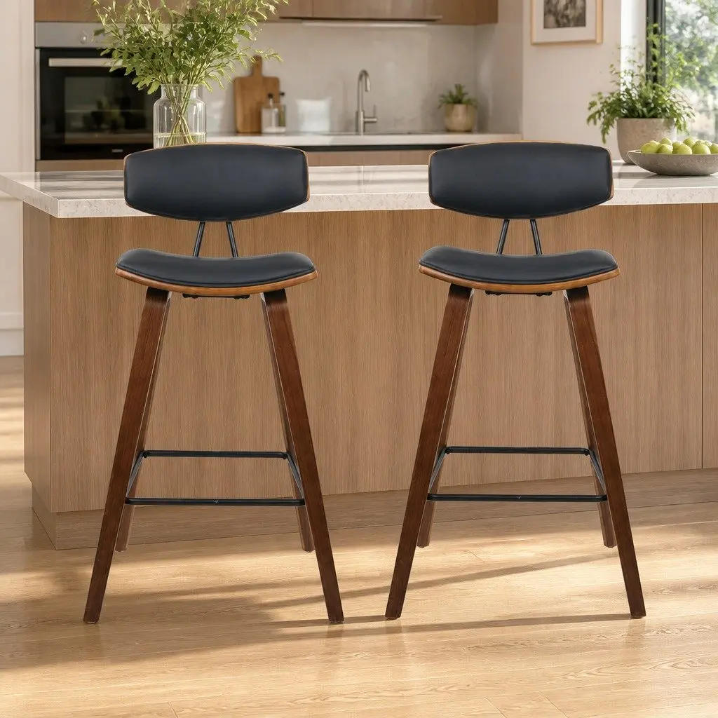 Bar Stools Padded Leather Backrest Wooden Frame Set of 2 Black