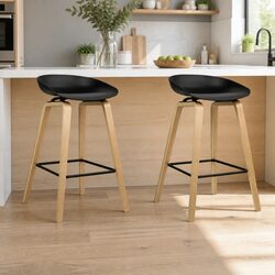 Bar Stools Set of 2 Black Wooden Legs PP Plastic Seat Metal Footrest