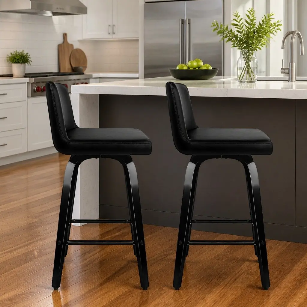 Bar Stools 360 Degree Swivel Black PU Leather Mid-Height Padded Backrest Set of 2