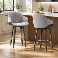 Bar Stools Set of 2 Swivel Padded Velvet Wooden Chair with Backrest Chrome