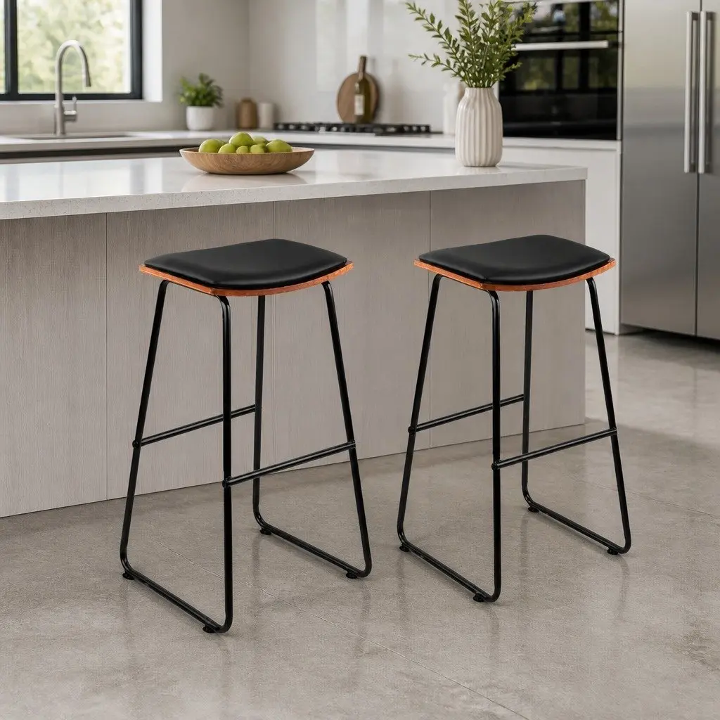 Bar Stools Padded Seat Metal Frame Wooden Base Black 2 Piece