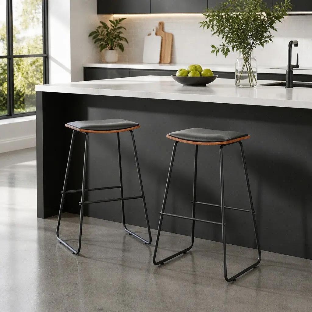 Bar Stools Padded Seat Metal Frame Wooden Base Black 2 Piece
