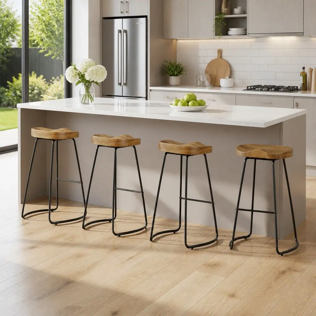 Bar Stools Tractor Seat 75cm Wooden Set of 4 Industrial Retro Dining Kitchen