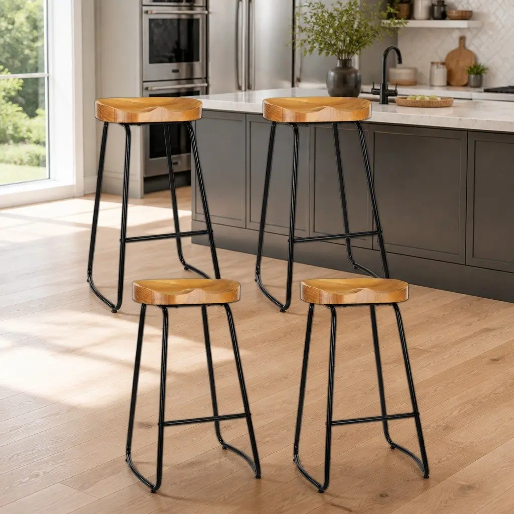 Bar Stools Tractor Seat 75cm Wooden Set of 4 Industrial Retro Dining Kitchen