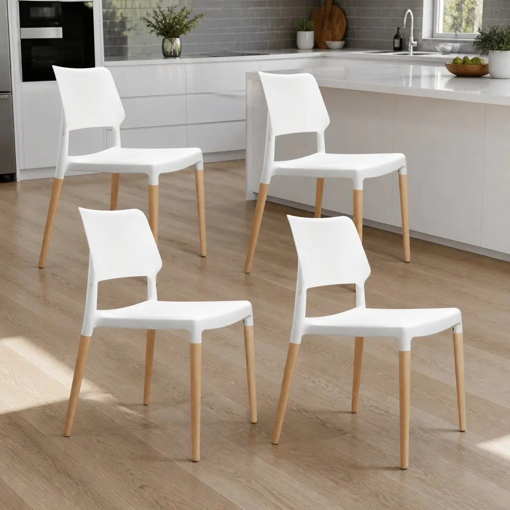 Dining Chairs Set of 4 White Stackable Kitchen Wooden Legs PP Plastic Seat
