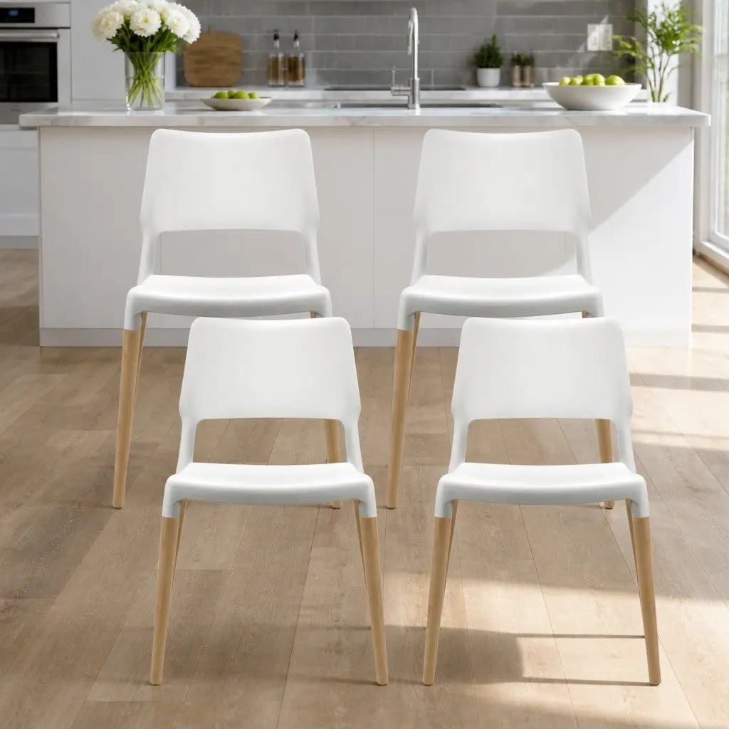 Dining Chairs Set of 4 White Stackable Kitchen Wooden Legs PP Plastic Seat
