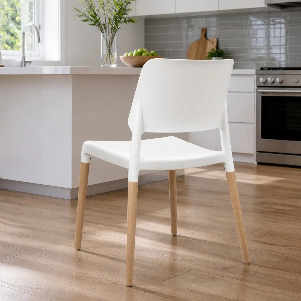 Dining Chairs Set of 4 White Stackable Kitchen Wooden Legs PP Plastic Seat