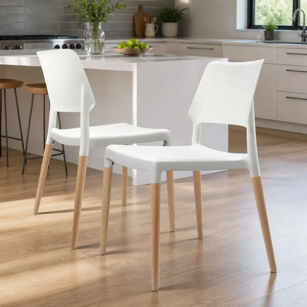 Dining Chairs Set of 4 White Stackable Kitchen Wooden Legs PP Plastic Seat