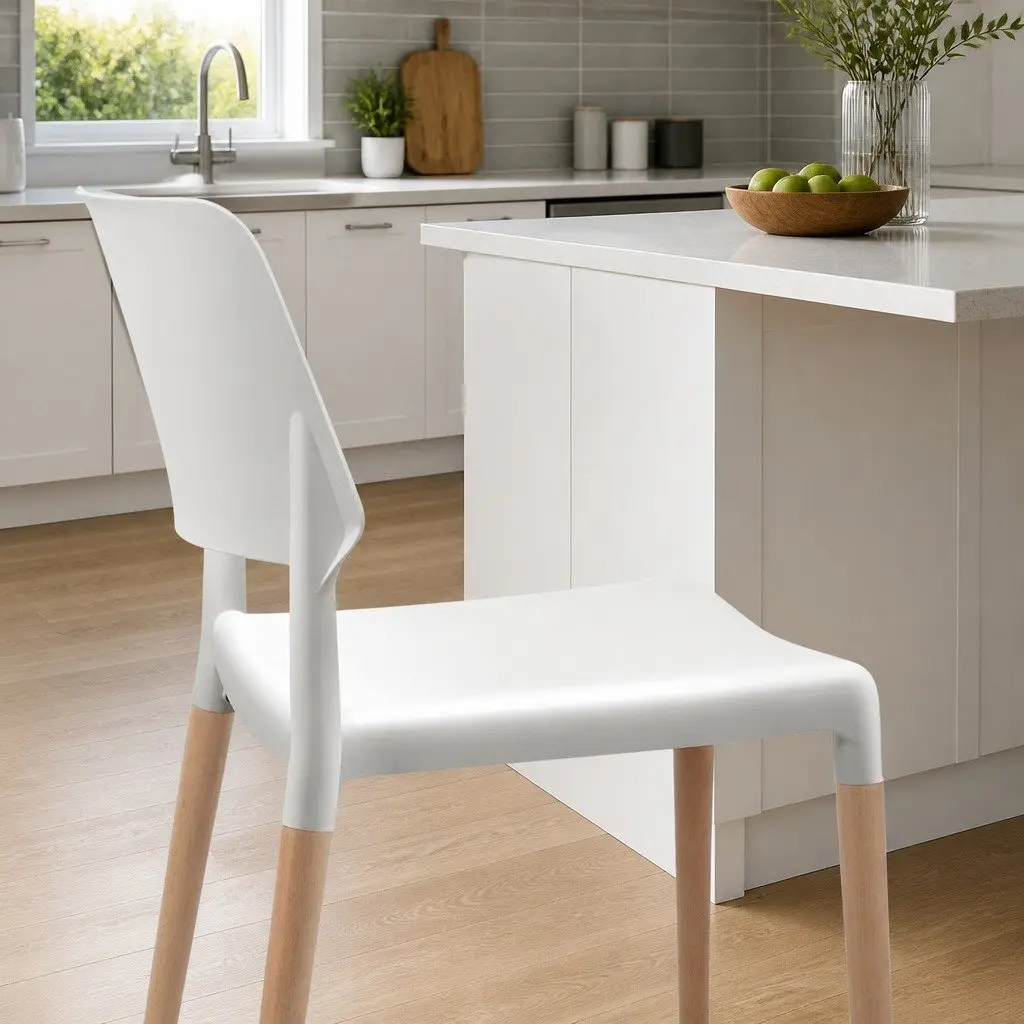 Dining Chairs Set of 4 White Stackable Kitchen Wooden Legs PP Plastic Seat
