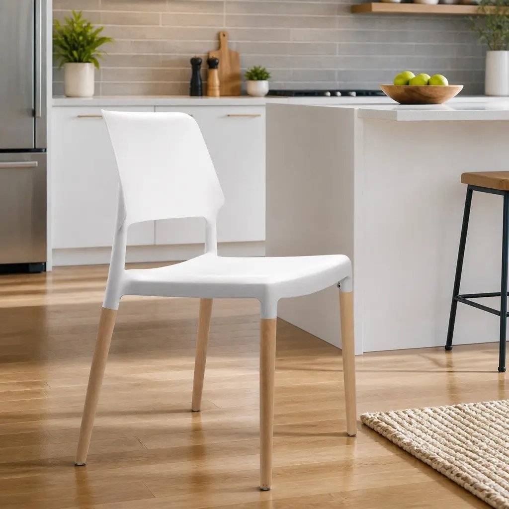 Dining Chairs Set of 4 White Stackable Kitchen Wooden Legs PP Plastic Seat