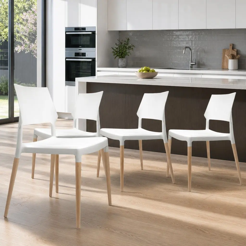 Dining Chairs Set of 4 White Stackable Kitchen Wooden Legs PP Plastic Seat