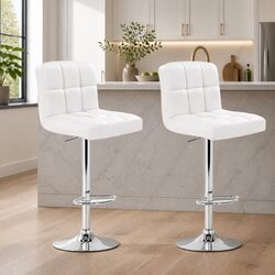 Bar Stools Leather Gas Lift White Set of 2 Adjustable Height Swivel Seat