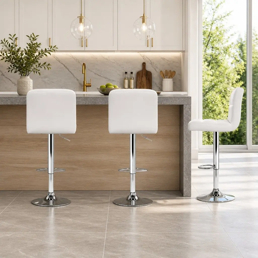 Bar Stools Adjustable Height Swivel Seat White Leather Set of 2