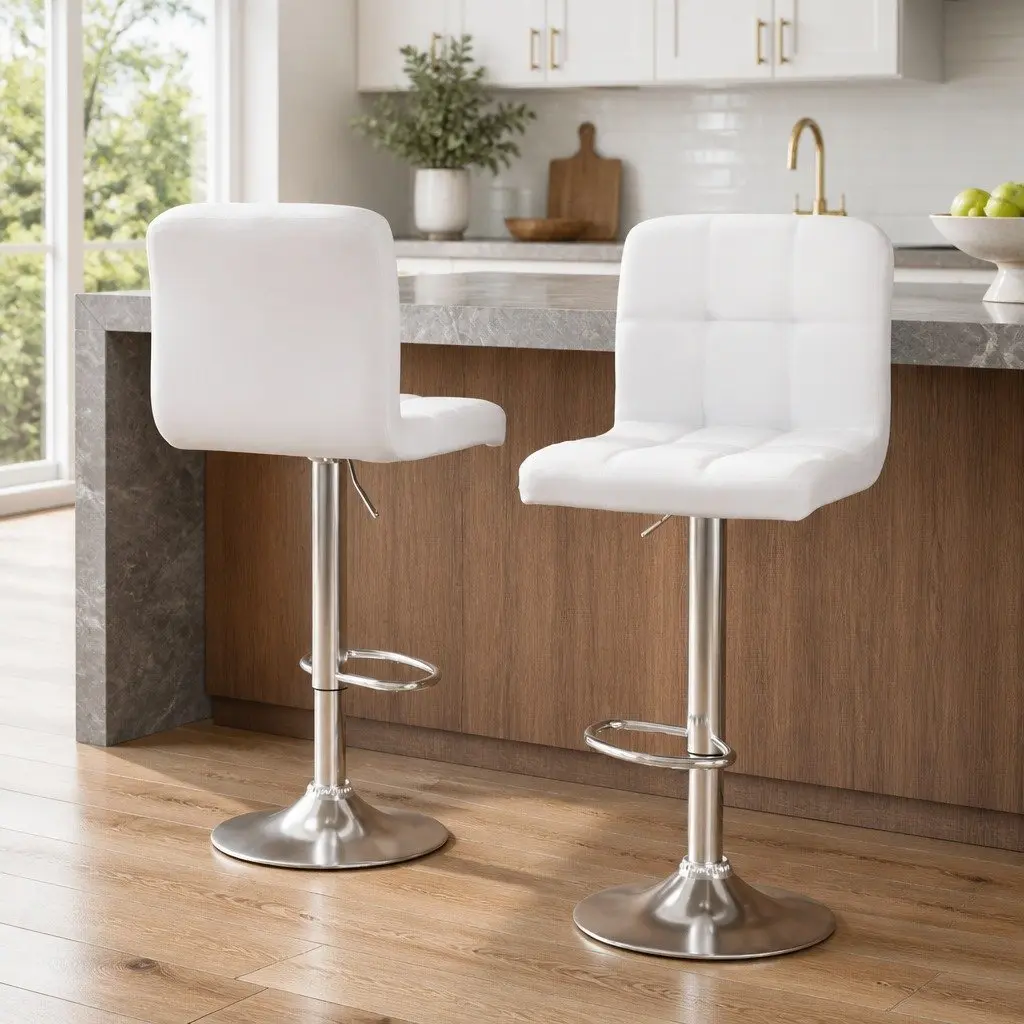 Bar Stools Adjustable Height Swivel Seat White Leather Set of 2