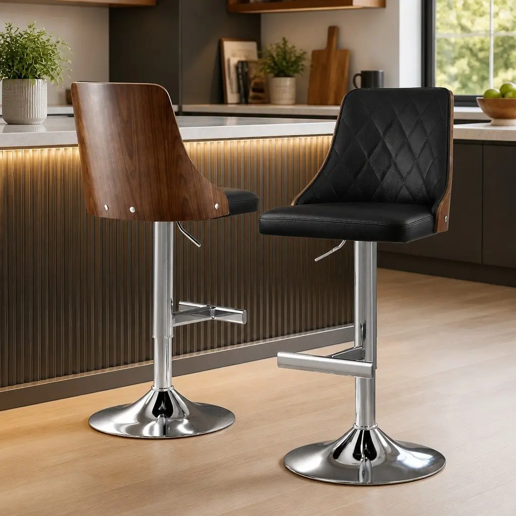 Bar Stools Set of 2 Swivel Adjustable Height Black Leather Kitchen Counter Seat