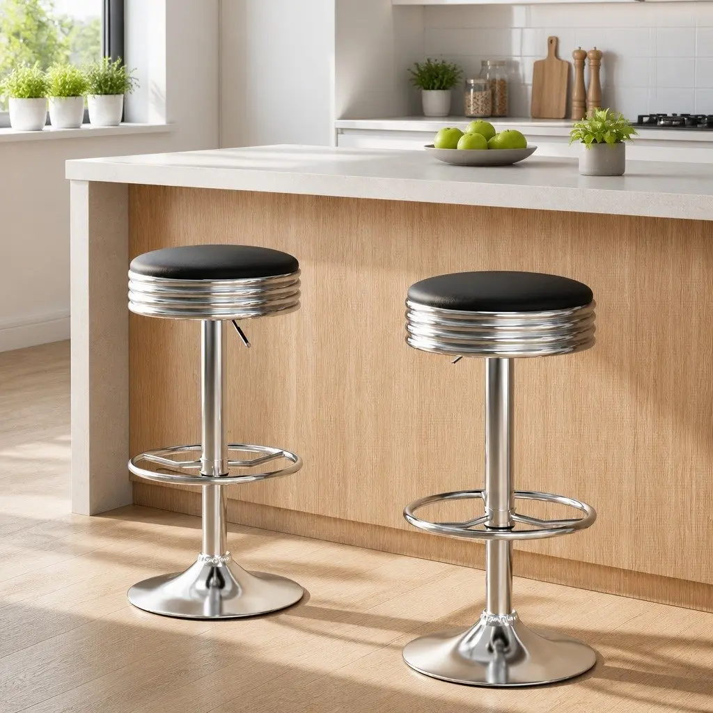 Bar Stools Backless Swivel Height Adjustable Chrome Base Black PU Leather 2 Piece