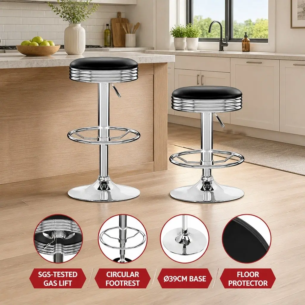 Bar Stools Backless Swivel Height Adjustable Chrome Base Black PU Leather 2 Piece