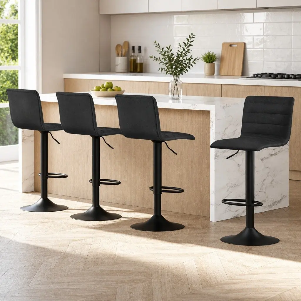 Bar Stools Set of 4 Gas Lift Black Faux-Linen Swivel Kitchen Dining Chairs