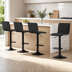 Bar Stools Set of 4 Gas Lift Black Faux-Linen Swivel Kitchen Dining Chairs