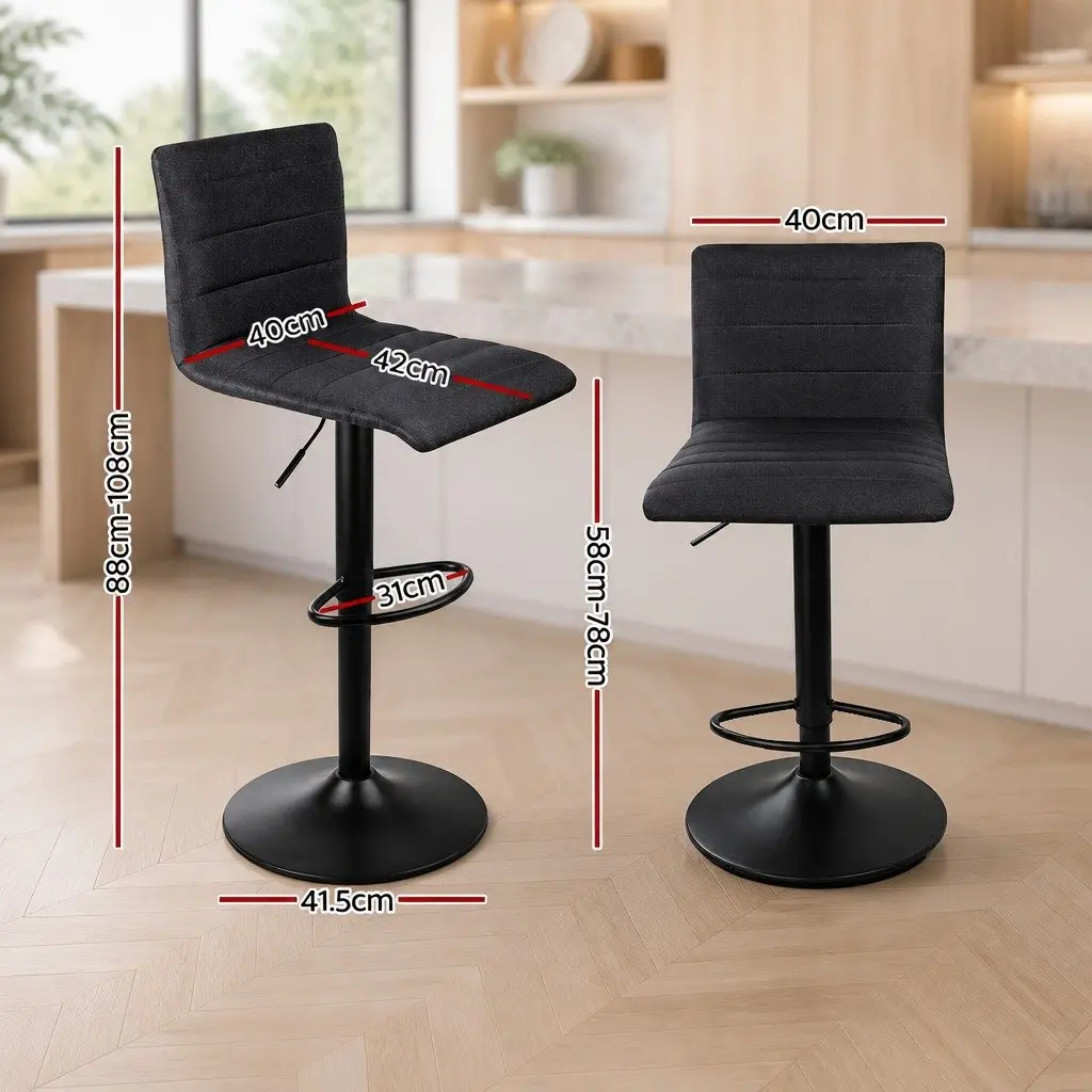 Bar Stools Set of 4 Gas Lift Black Faux-Linen Swivel Kitchen Dining Chairs