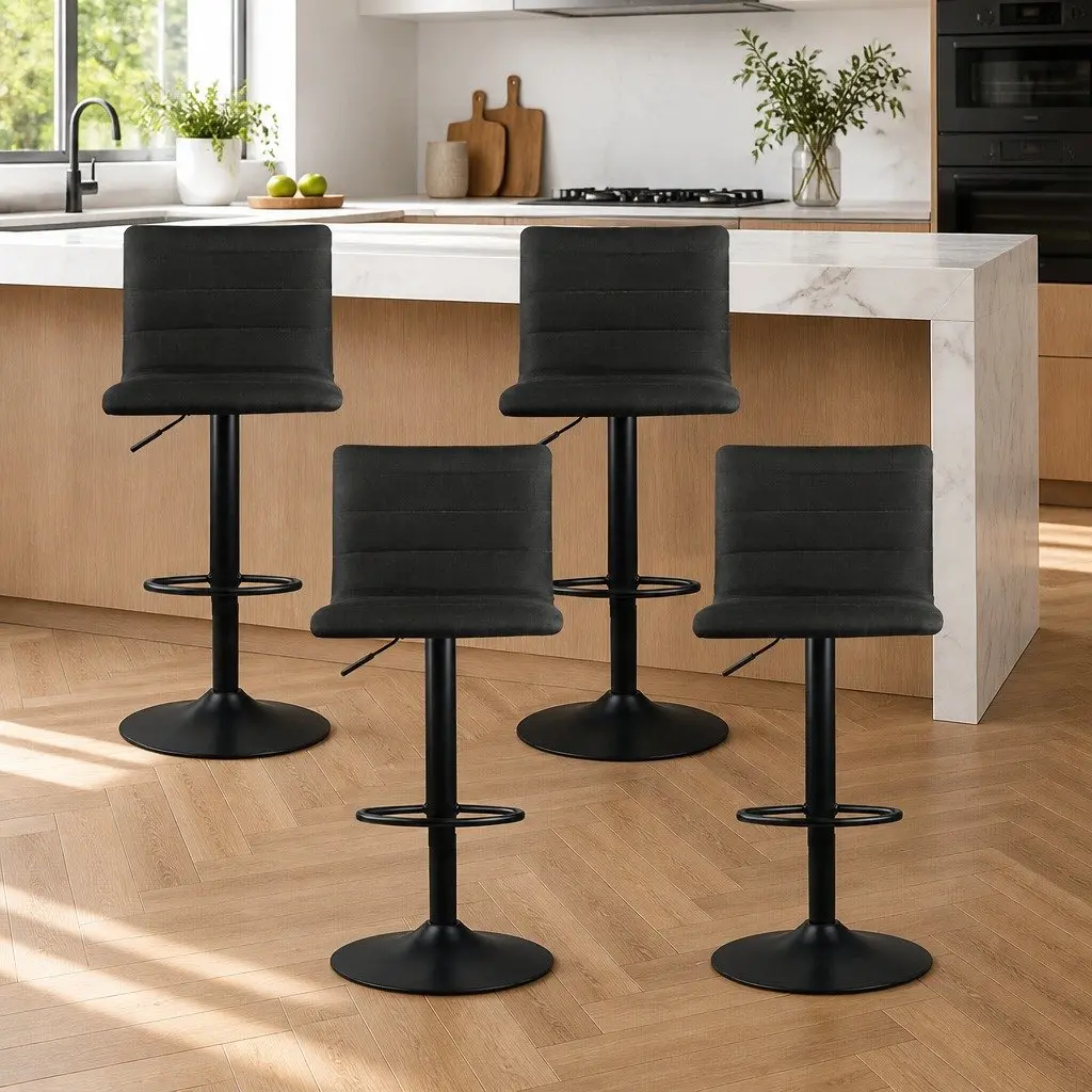 Bar Stools Set of 4 Gas Lift Black Faux-Linen Swivel Kitchen Dining Chairs