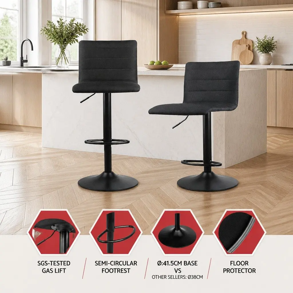 Bar Stools Set of 4 Gas Lift Black Faux-Linen Swivel Kitchen Dining Chairs