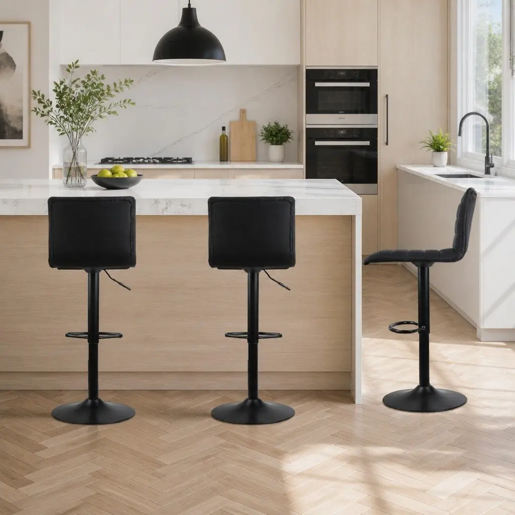 Bar Stools Set of 4 Gas Lift Black Faux-Linen Swivel Kitchen Dining Chairs
