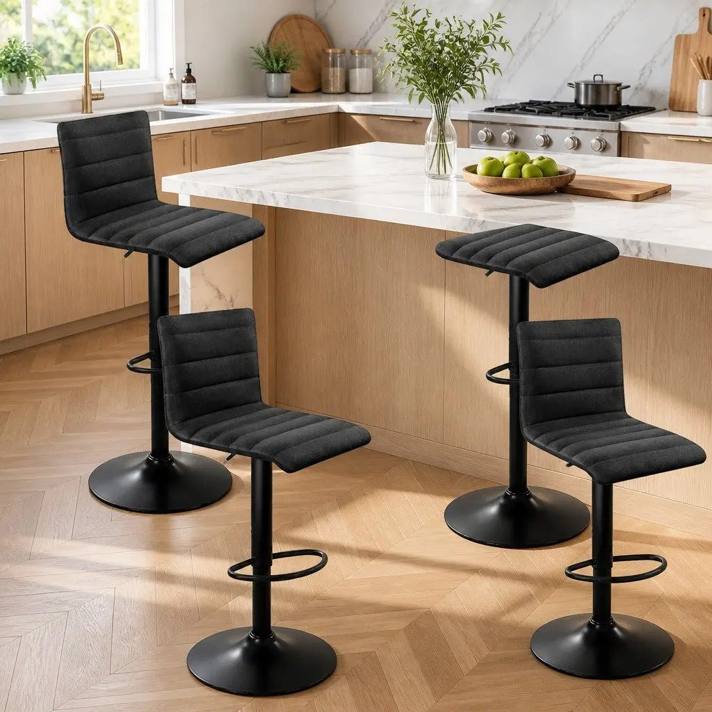 Bar Stools Set of 4 Gas Lift Black Faux-Linen Swivel Kitchen Dining Chairs