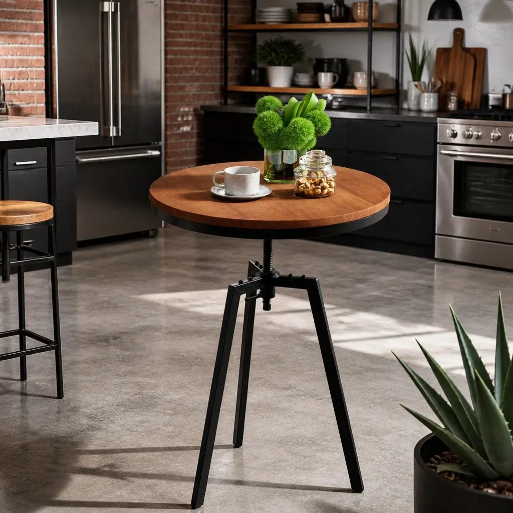 Round Adjustable Height Dining Table Industrial Design Steel Frame 67-86CM