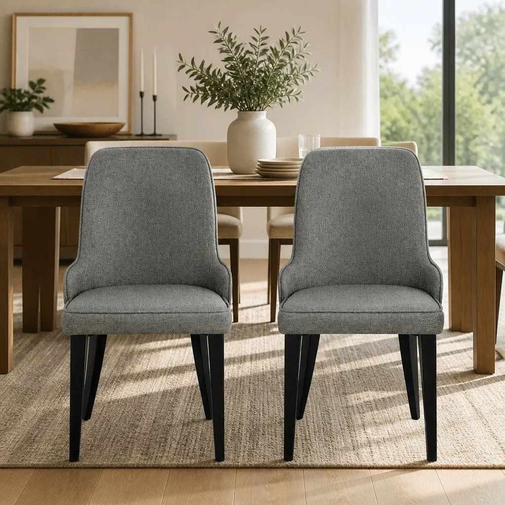 Dining Chairs High Back Grey Fabric Cushion Steel Legs 2 Piece