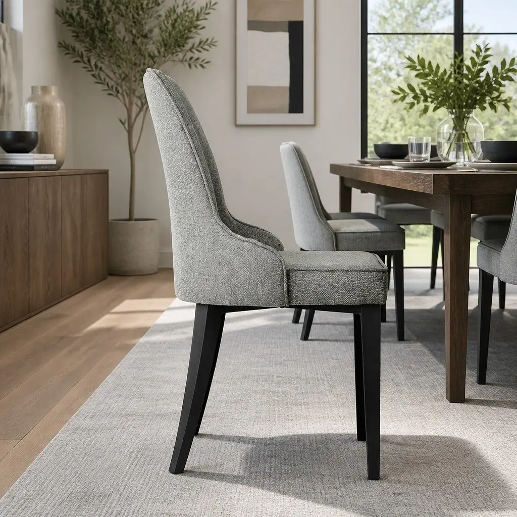 Dining Chairs High Back Grey Fabric Cushion Steel Legs 2 Piece