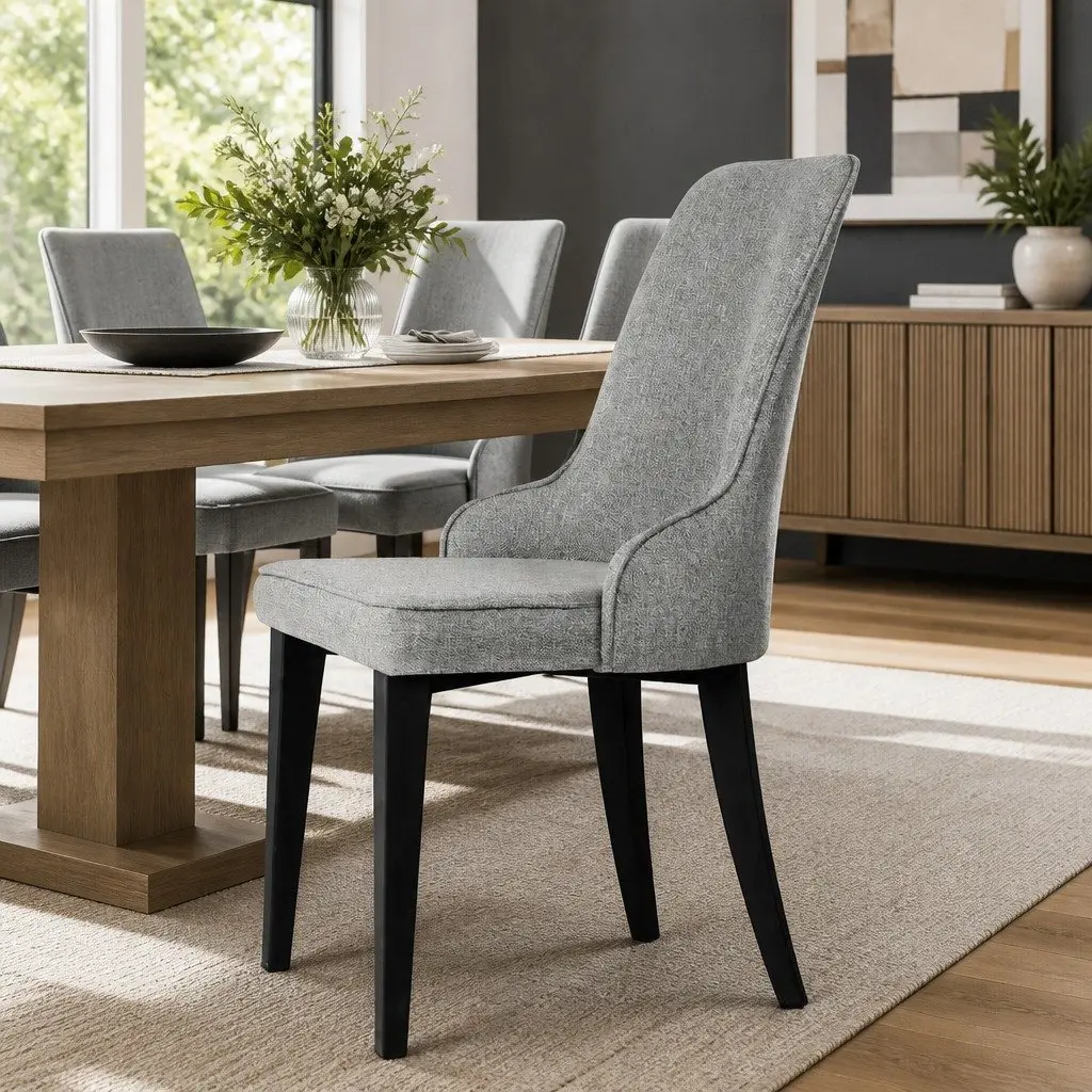 Dining Chairs High Back Grey Fabric Cushion Steel Legs 2 Piece