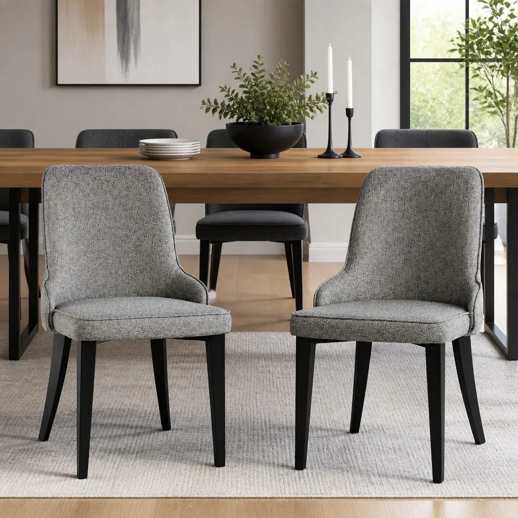 Dining Chairs High Back Grey Fabric Cushion Steel Legs 2 Piece